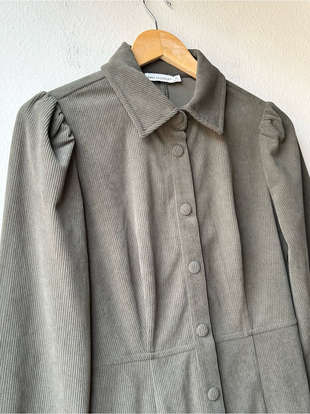 Avec Les Filles Olive Green Mini Dress Button Front Collared Puff Sleeve Sz XS - Picture 4 of 13